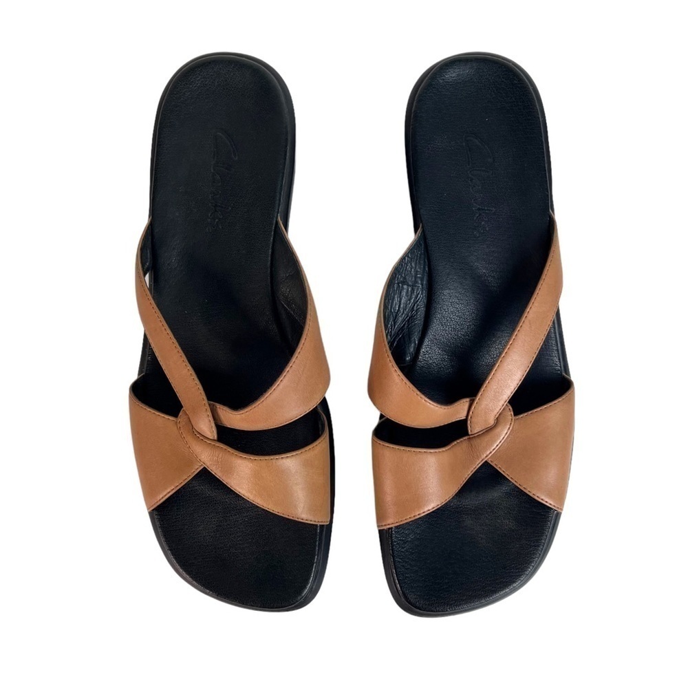 Clarks Tan Leather Slide Sandals Womens Size 10 Comfort Slip On Summer Casual